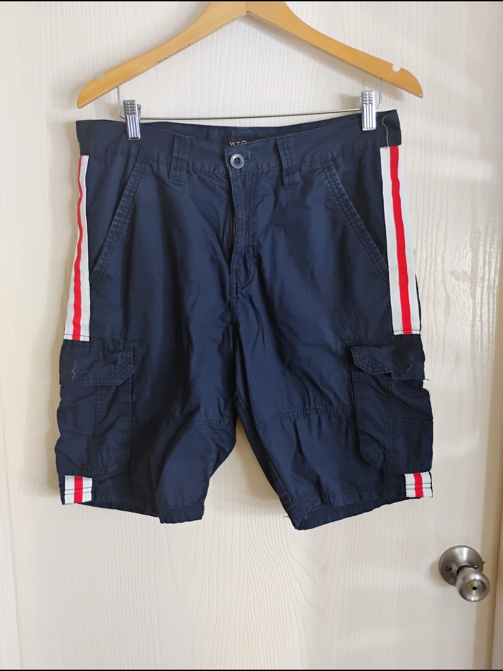 Men's Navy Cargo Shorts with Red & White Side Stripes